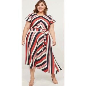 Lane Bryant Striped Asymmetrical Hem Knit Midi Dress Belt Flutter Sleeves Sz 16